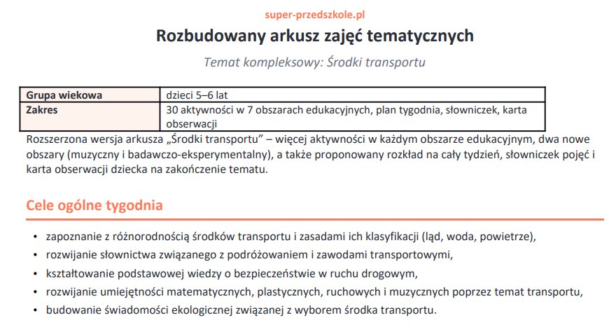 Środki transportu - rozbudowany arkusz