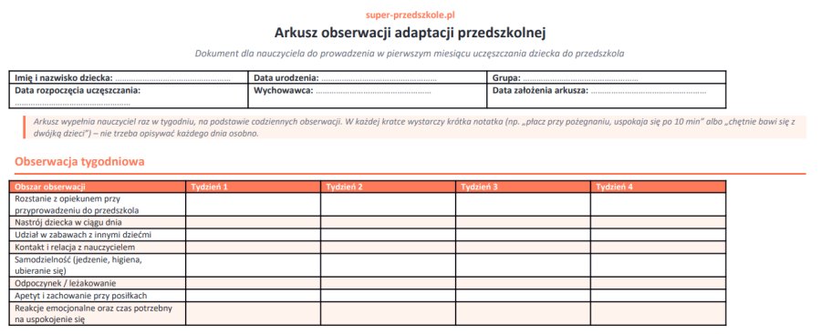 Arkusz Obserwacji Adaptacji Przedszkolnej