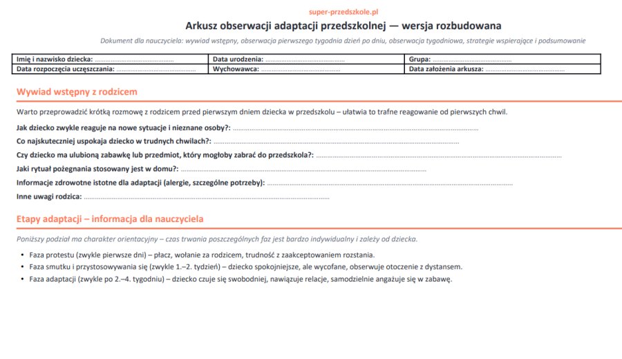 Rozbudowany Arkusz Obserwacji Adaptacji Przedszkolnej