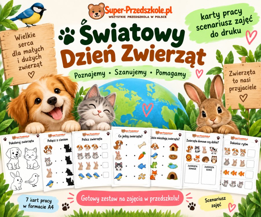 Światowy Dzień Zwierząt – karty pracy i scenariusz zajęć dla przedszkolaków